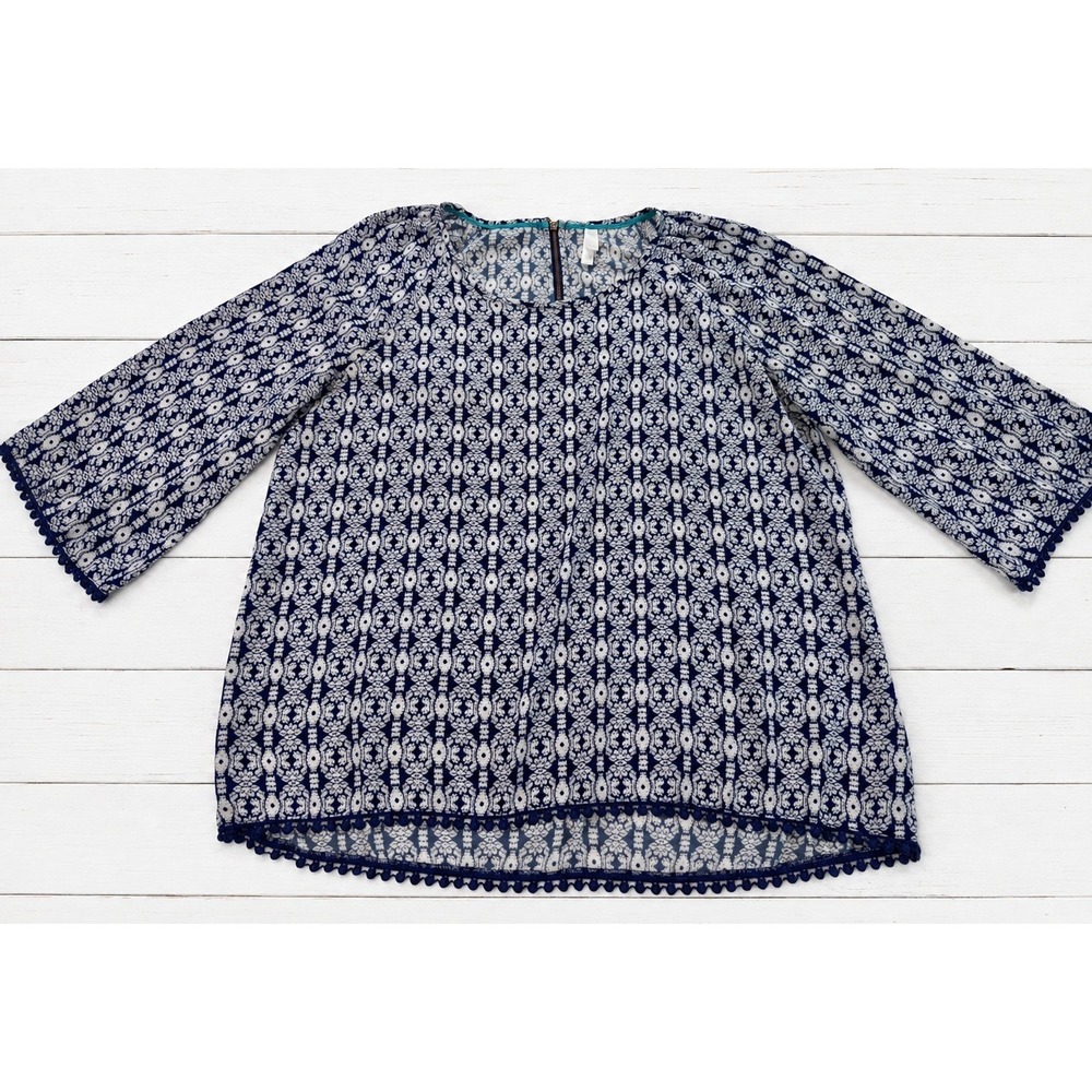 Xhilaration Blouse Geometric Pom Pom Trim Boho Peasant Hippie Top Blue White XL
